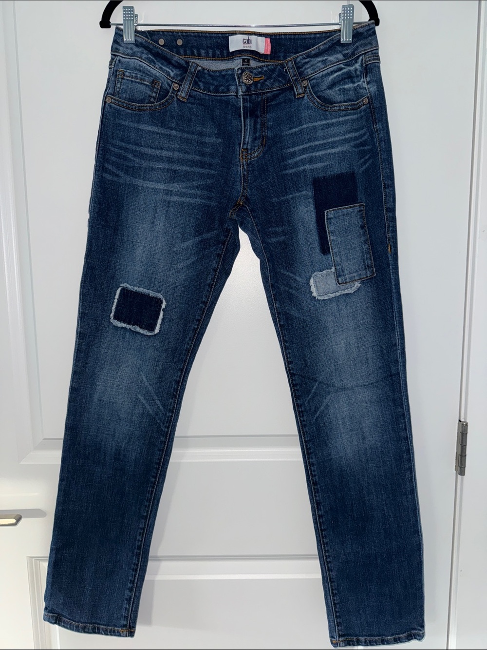 CAbi Women's Boyfriend Jeans - Dark Blue with Patchwork